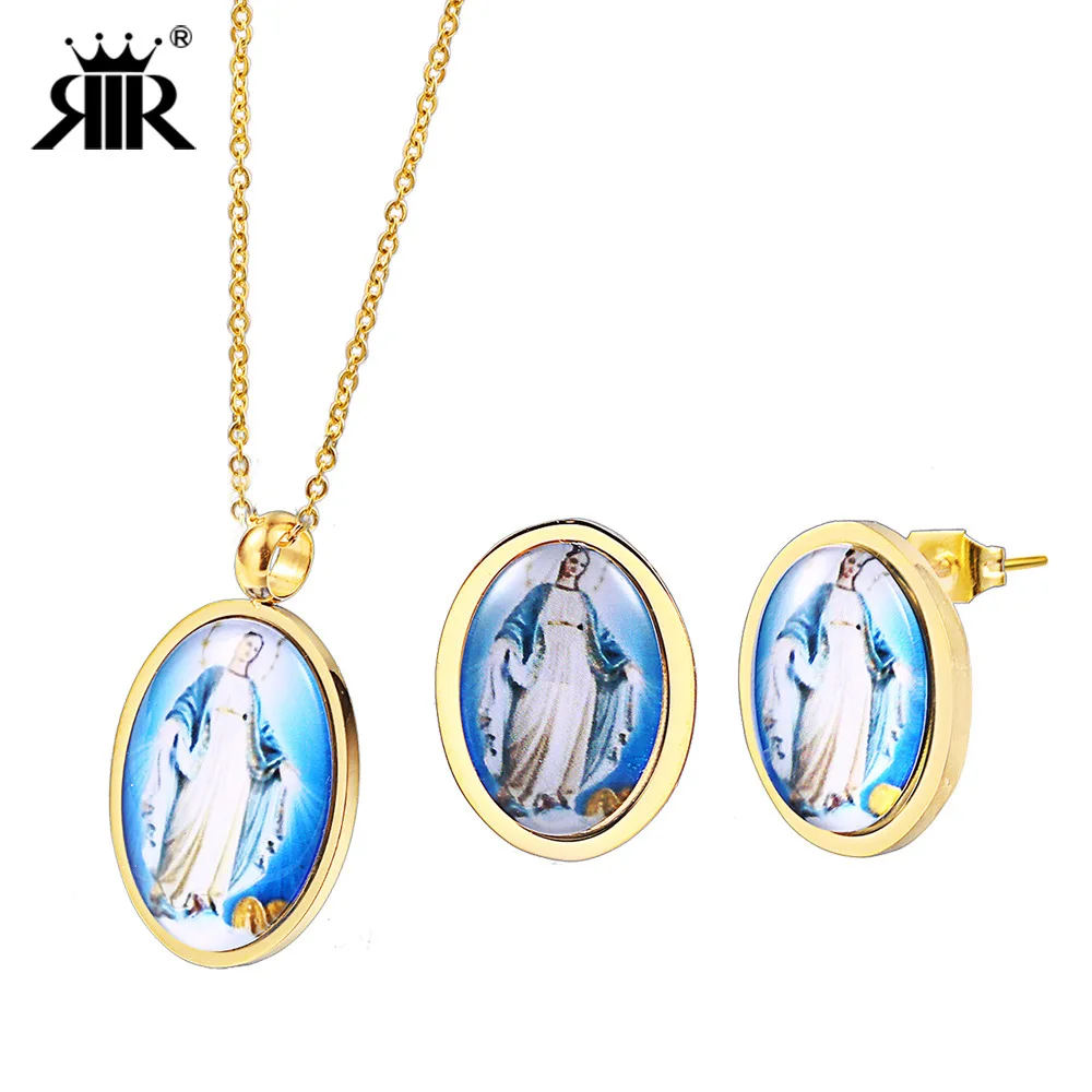 

Western Titanium Steel Religious Blessed Virgin Mary Maria Necklace Tag Pray Ear Stud Earrings Europe And America Popular Women'