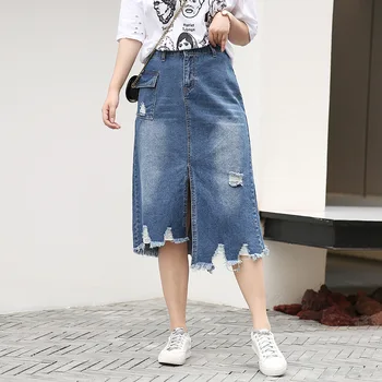 

Women Skirt Plus Size Ripped Casual Straight Empire Pocket Tassel Denim Skirt