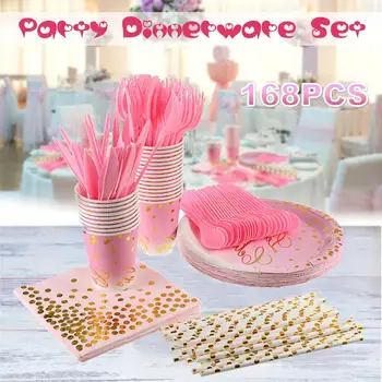 

168Pcs High Quality Pink Hot Stamping Disposable Tableware Set Plate/Napkin/Cup/Fork/Knive Serving 24 Guests Party Supplies