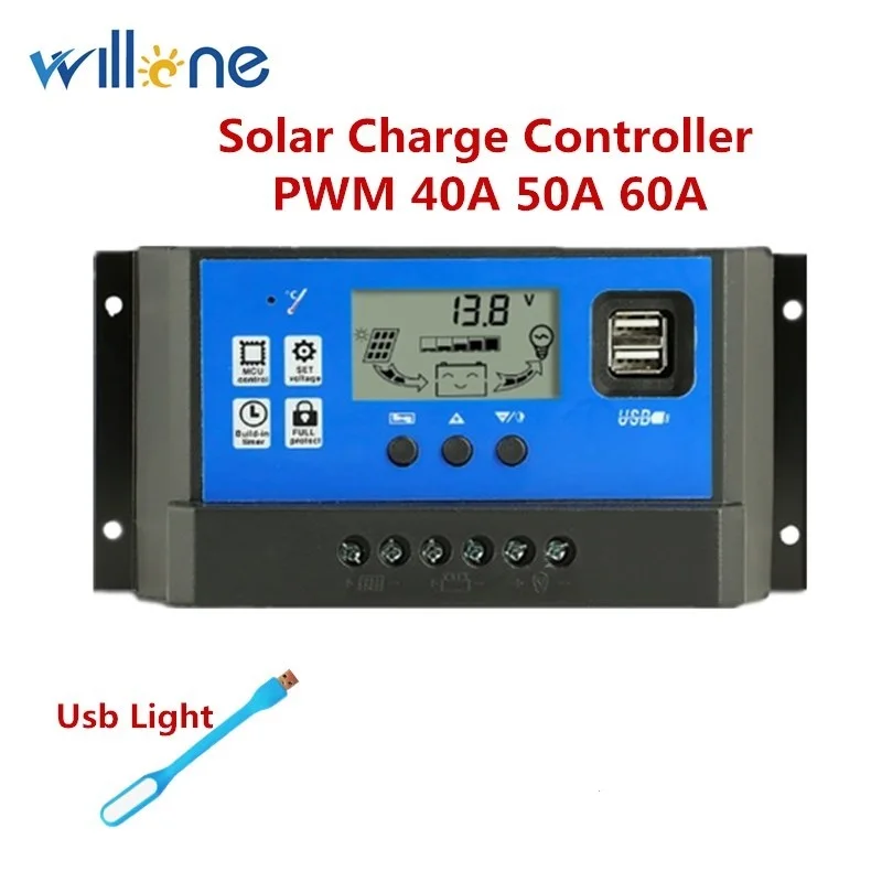 Willone 60A/50A/40A12V 24 В Авто ШИМ Контроллер заряда с ЖК-дисплеем Dual USB 5 В выход солнечная батарея для телефона регулятор PV дома