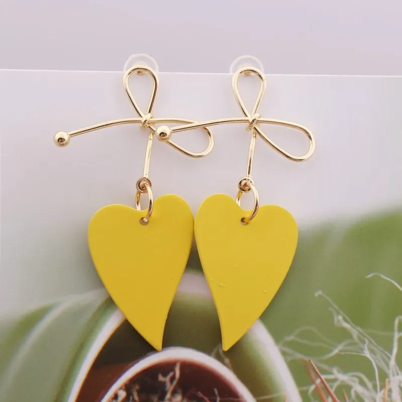 yellow EK524 корейские модные серьги-подвески в виде сердца с металлическим распылителем и бантом для женщин, милые свадебные ювелирные изделия ручной работы, подарок - Окраска металла: yellow
