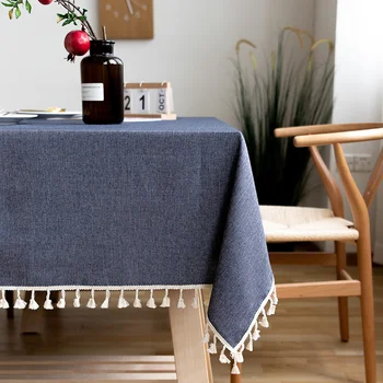 

Nordic Simple Dark Blue Cotton and Linen Tablecloth with Tassel Hotel Party Restaurant Rectangular Tablecloth Cover Home Decor