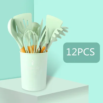 

11/12/13pcs Cooking Tools Set Silicone Cooking Utensils Wooden Handle with Storage Box Tongs Silicone Spatula Set Kitchen Tools