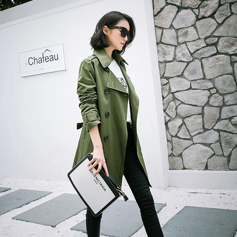 

2019 Autumn Clothing New Style Fashion Trench Coat Polo Collar Double Breasted Epaulette Pocket Mid-length Long Sleeve