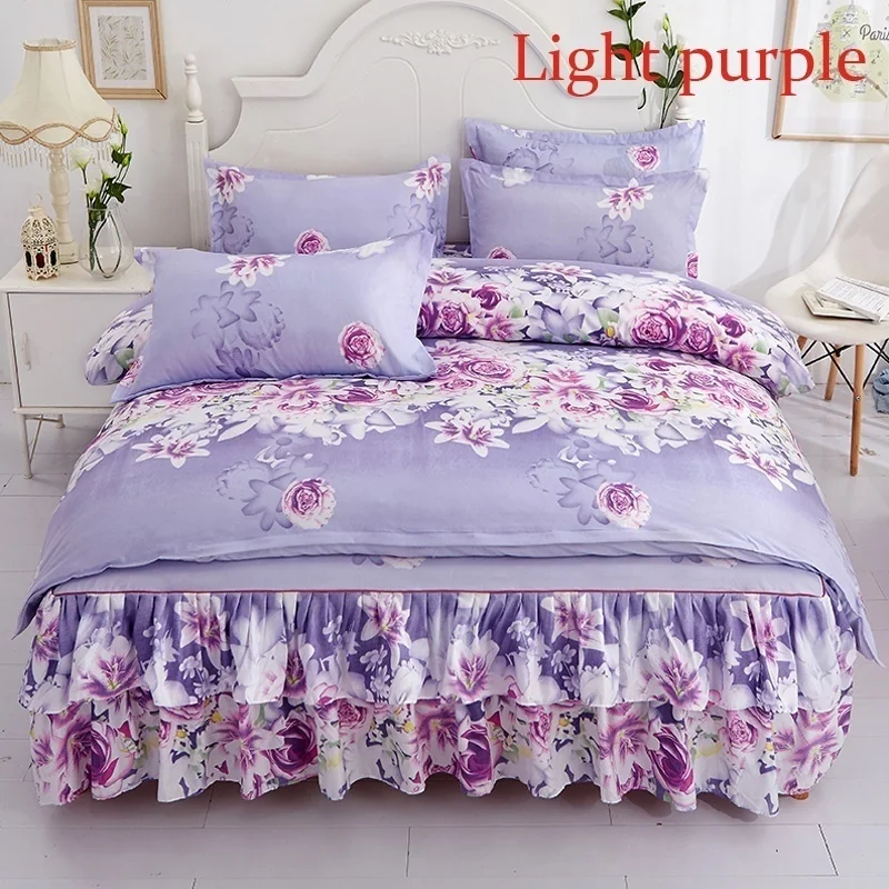 Light Purple С напечатанным узором цветов гофрированная эластичная кровать юбка и 2 шт. Набор наволочек Твин/Полный/королева/король Размер 7 цветов - Цвет: Light Purple