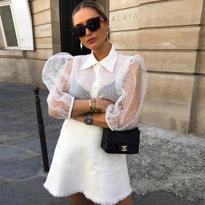 

2019 Summer Women Chiffon Blouse Shirt Sexy Transparent Mesh Beading Puff Sleeve Female office Shirts Lady Blusa Outfits