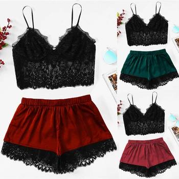 

1 Set Women's Sleepwear Sexy Satin Pajama Set Black Lace V-Neck Pyjamas Sleeveless Cute Cami Top And Shorts Woman Pajamas Summer