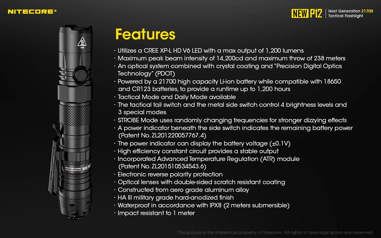 NITECORE P12 открытый водонепроницаемый тактический фонарь CREE XP-L HD V6 светодиодный 1200 люмен с кобура для быстрого извлечения оружия