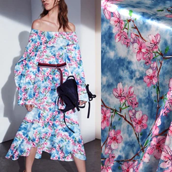 

118CM Wide 19MM 93% Silk & 7% Spandex Pink Floral Print Stretch Blue Silk Satin Fabric for Dress Cheongsam Shirt Jacket D1099