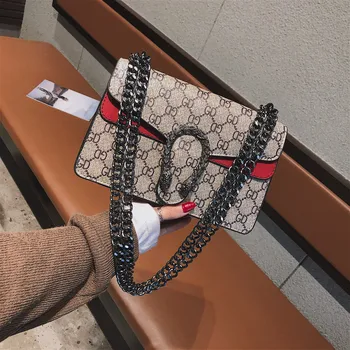 

New 2020 Fashion women Chain Shoulder Messenger Bag Letter printing Splicing shoulder handbag PU Leather Bacchus bag Khaki red