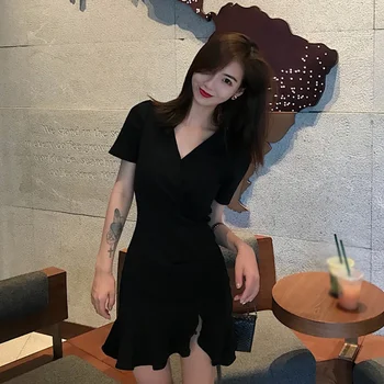 

2020 New Arrival Summer Women Dress Sexy Slim V-Neck Short Sleeve Black Minidress High Waist Ruffles Asymmetrical Dresses