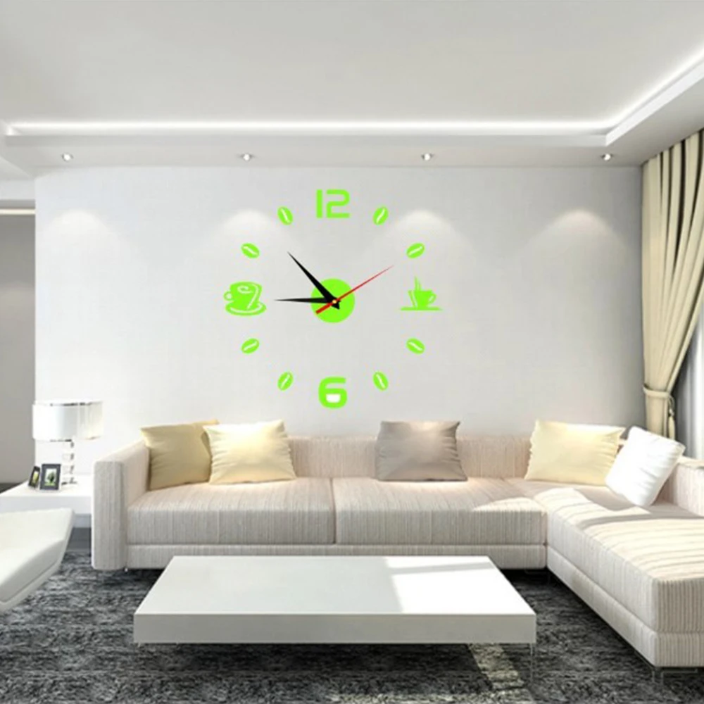 3D Wall Clock European Acrylic Wall Sticker Home Decoration Office Living Room Quartz Needle Coffee Cups Kitchen Wall Art Decor 3