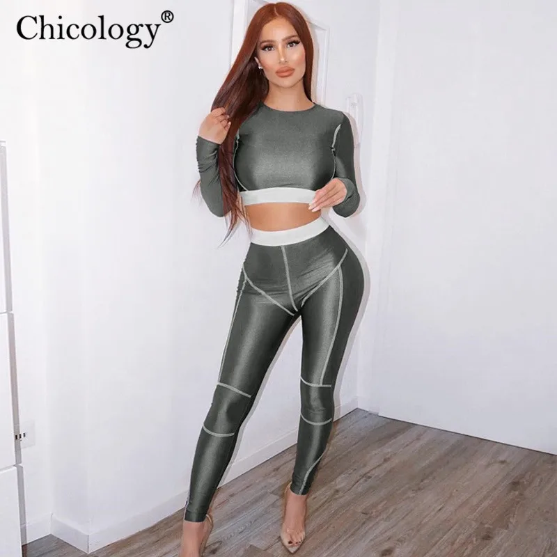 

Chicology patchwork stripe long sleeve tshirt crop top pants women 2 two piece matching co ord set 2019 summer fitness clothing