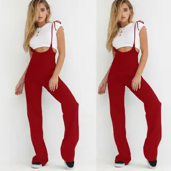 

2020 Women's Casual Pants Red Trousers Loose High Waist Leisure Shoulder Straps Lace-Up Wide Leg
