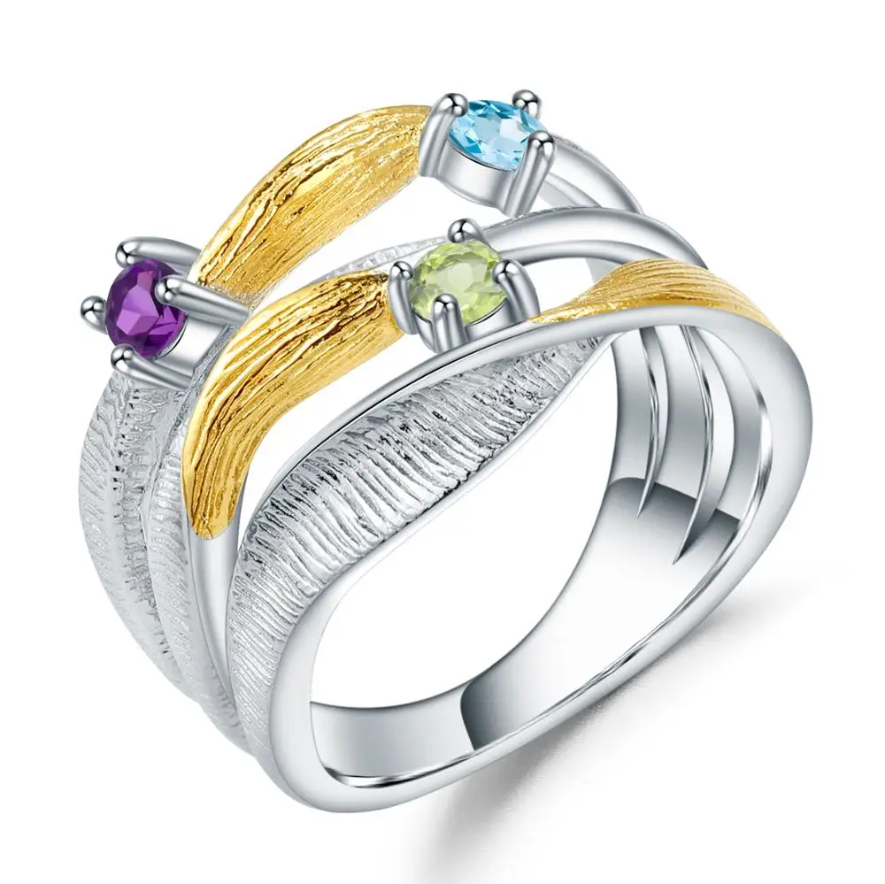 

GEM'S BALLET Natural Peridot Amethyst Topaz Gemstones Ring 925 Sterling Silver Original Twist Band Rings for Women Wedding