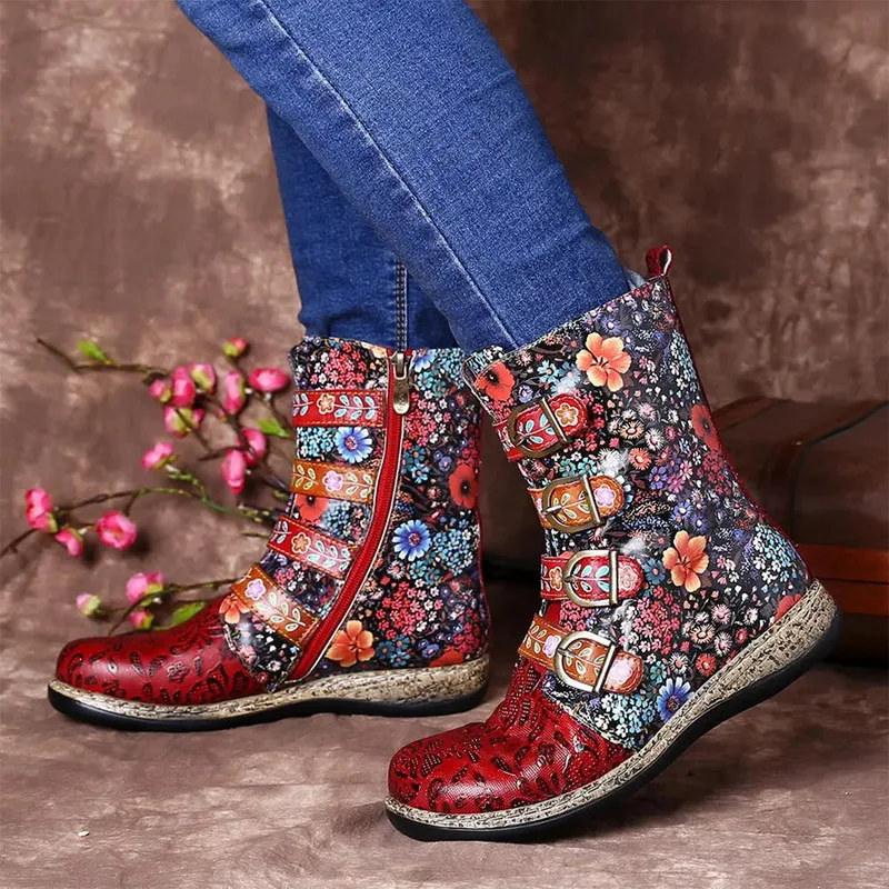Women Boot Retro Printed Metal Buckle Leather Boots Women Zipper Mid Calf Boots Fashion Ladies Shoes Female Botines Mujer
