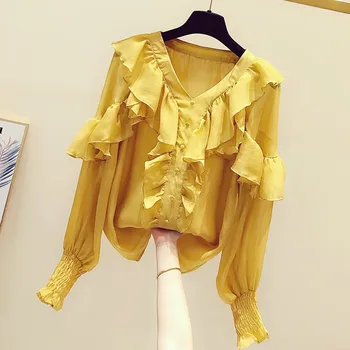 

Blusas Mujer De Moda 2020 Spring Summer Clothing New Elegant V-neck Flounced Shirt Women's Casual Chiffon Blouse Yellow Tops