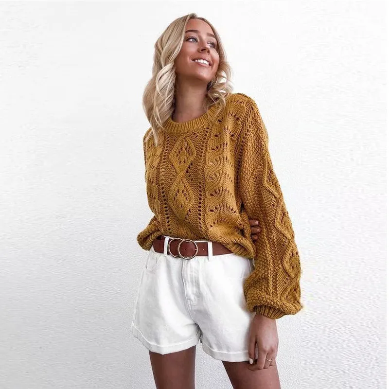 Fall Winter Warm Long Lantern Sleeve Sweater Tops 2020 Fashion Women Knitted Loose Causal Hollow Out Sweater Pullover Streetwear