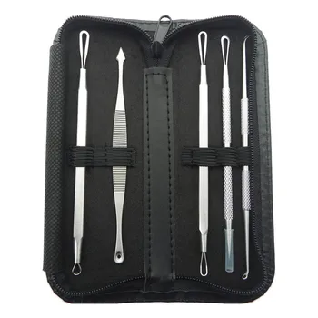 

5 Pcs Makeup Beauty Pimple Needle Blackhead Remover Black Head Removal Extractor Tools With Black PU Leather Bag