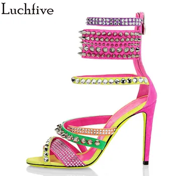 

Rivets Genuine Leather Women Sandals T show Women Shoes High Heels Gladiator Stiletto Pink Peep Toe Sandals Feminina