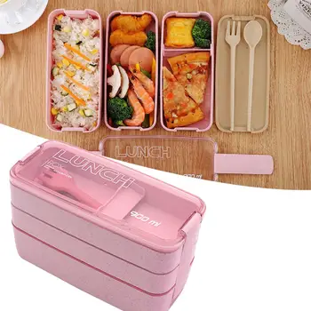 

Japanese-style Bento Box Microwave Lunch Box Wheat Straw Leak-proof 3-layers Lunch Box Containers For School Work With Tablespoo