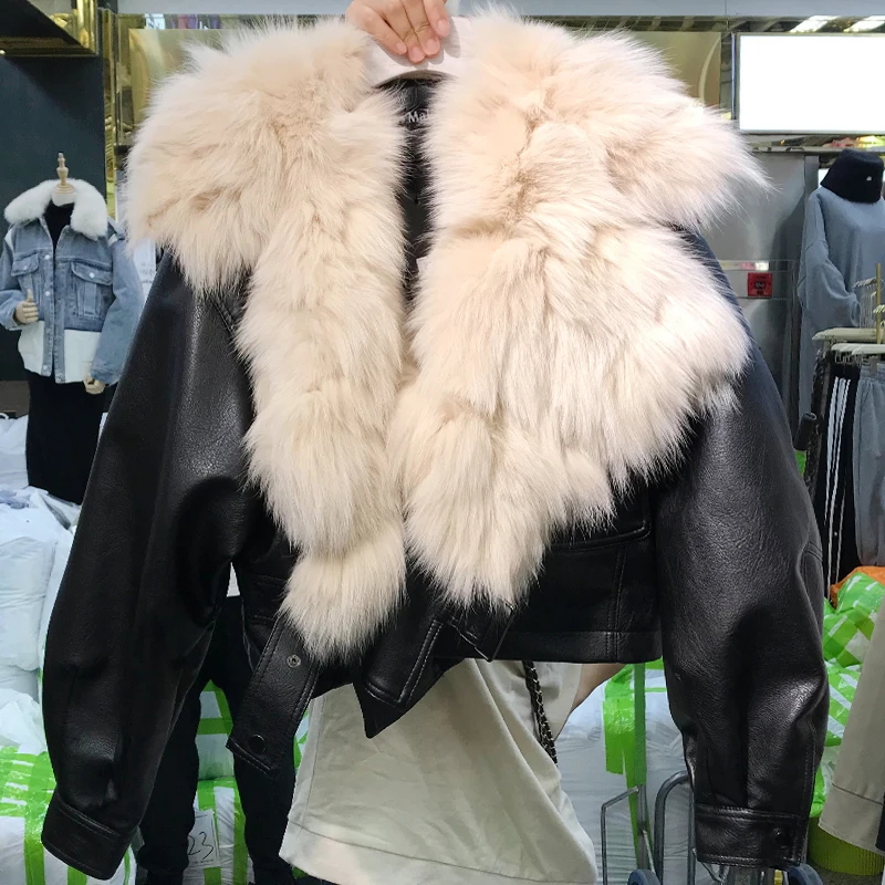 

Leather Jacket Women Short Pu Leather Coat Loose Thick Quilted Coat Real Natural Fox Fur Collar Locomotive Leather Jacket Winter