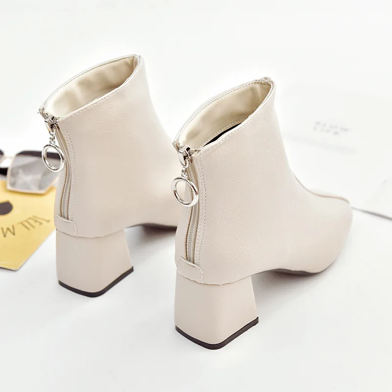 

2018 Winter New Style WOMEN'S Shoes round-Toe Rubber Pu Short after Zipper Chunky-Heel Artificial Velboa High-Heel