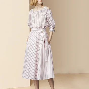 

Spring Clothing New Style Fashion Women's Suit Western Style Off-shoulder Tops Stripes Half-length Skirt Two-Piece Set Fashion