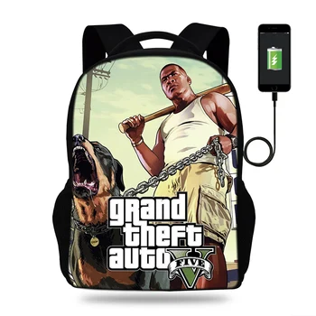 

Grand Theft Auto GTA V USB Charge Rucksack Students School Book Bags Men Women Bookbags Casual Travel Shoulder Mochilas