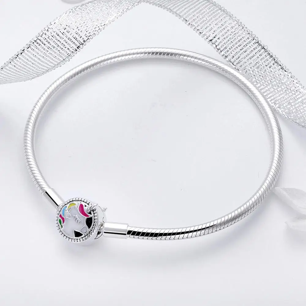 Sterling silver 925 enamel unicorn snake chain bracelet fit Pandora charm woman Bangle wedding silver jewelry gift