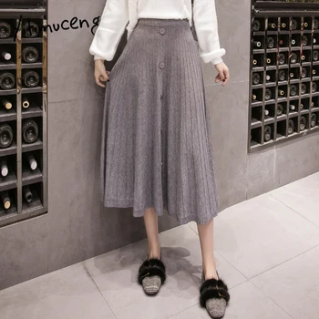 

yitimuceng new pleated skirts knitting ribbed A-line ladies skirt vintage casual elegant fashion midi knit skirt black gray 2020