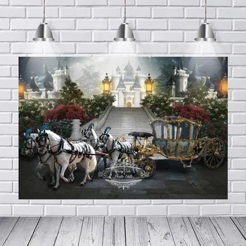 

Background Photography Cinderella Princess Carriage Blue Castle Baby Shower Backdrops High Quality Computer Print Birthday