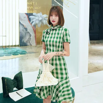 

Plaid elasticity Cheongsam Fishtail Dresses Elastic Lattice Mermaid Qipao short Sleeve Classic Qipao Robe Orientale