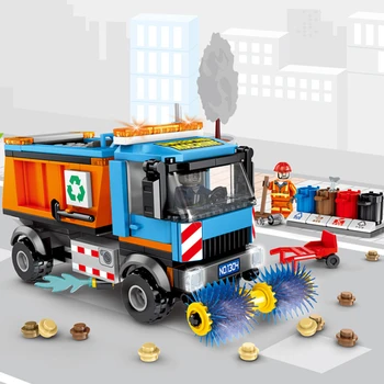 

City Construction Vehicles Sweeper Cleaning Car Garbage Trcuk Building Blocks Bricks Model Kids Toys Gifts Compatible