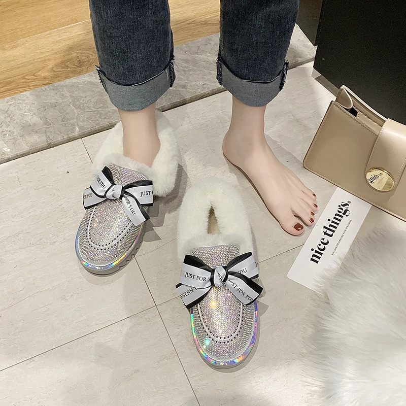 

2019 New Winter Women Boots Plus Plush Keep Warm Crystal Snow Boots Comfortable Non-slip Bow-knot Fur Winter Boots