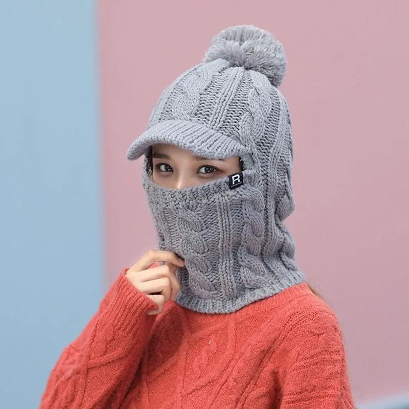Gray Зимние шапки Скалли Beanies шляпа для мамы Beanies женский шерстяной шарф головные уборы, Балаклава маска Gorras капот твист полосы вязаные шапки - Цвет: Gray