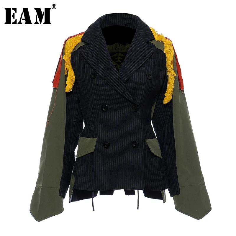

[EAM]Big Size Striped Contrast Color Pattern Print Jacket New Lapel Ribbon Loose Fit Women Coat Fashion Autumn Winter 2019 JZ521