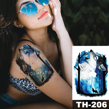 

Waterproof Temporary Tattoo Sticker Blue night star sky wolf pattern animals Water Transfer body art flash fake tatoo