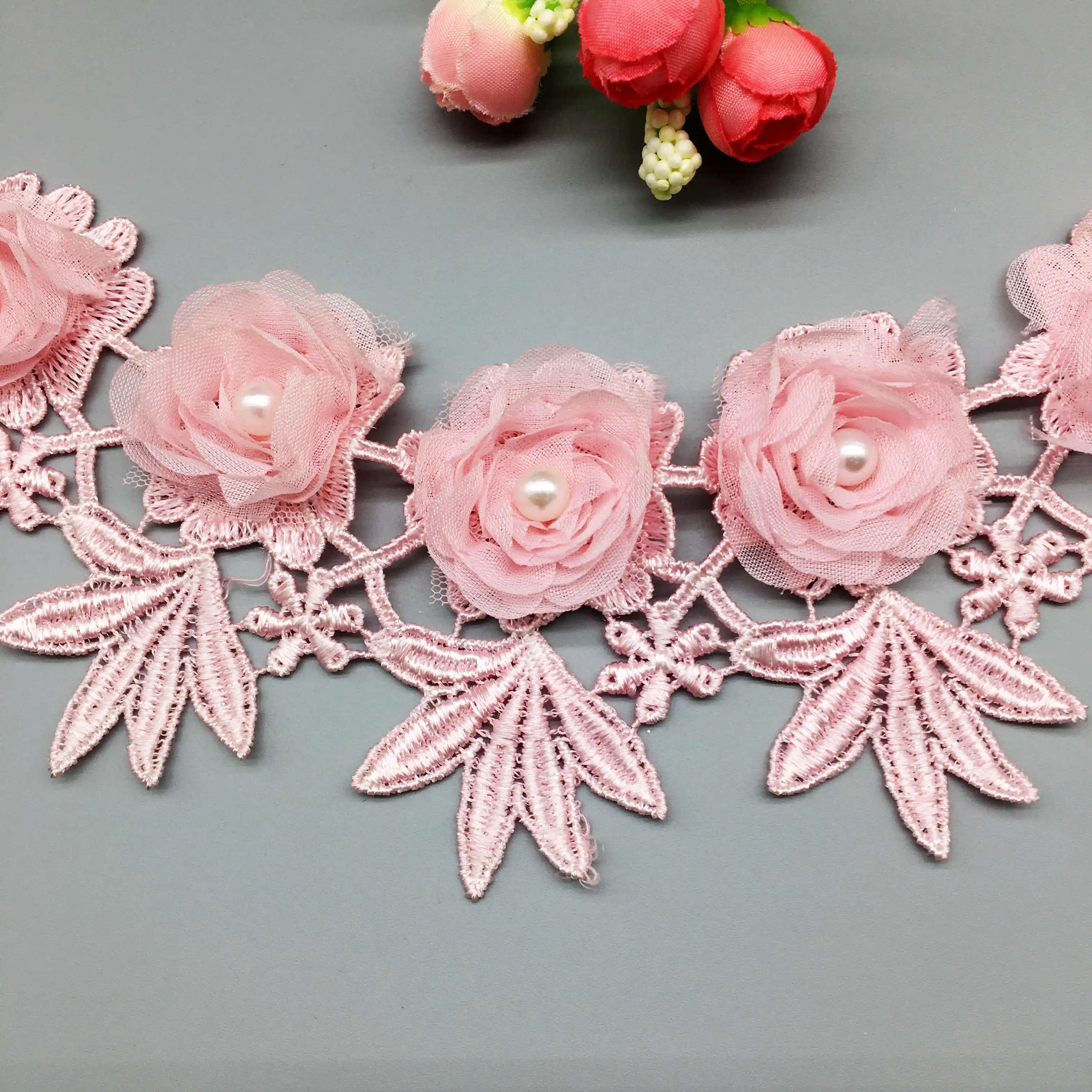 

1 yard Pink Pearl 3D Flower Beaded Embroidered Handmade Lace Edge Trim Ribbon Applique Patches Fabric Sewing Craft Wedding Dress