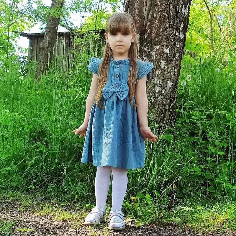 Летнее однотонное льняное платье для маленьких девочек с короткими рукавами и