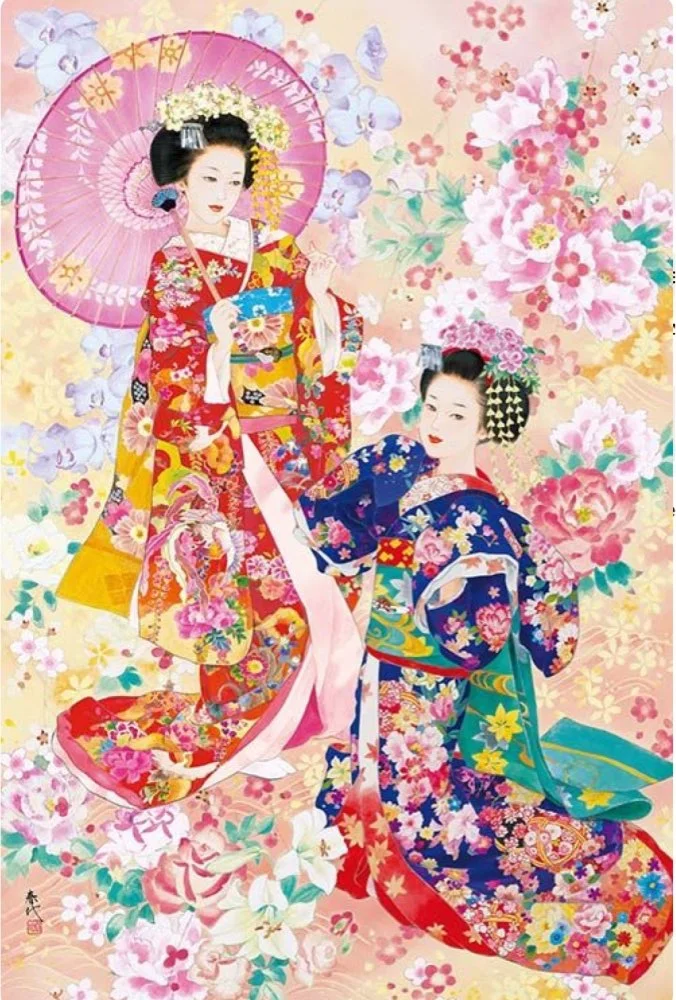 Two Japanese Kimono Ladies Painting Art Needlework 14ct Canvas