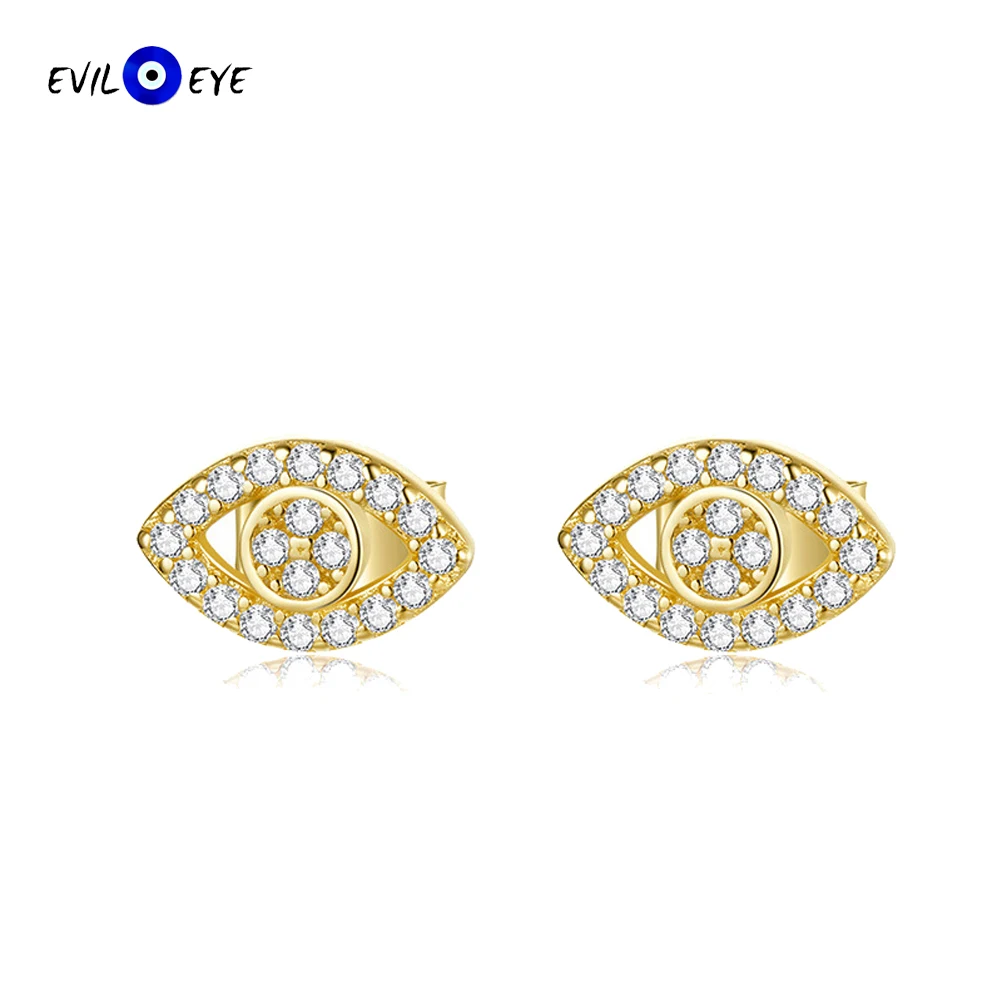 EVIL EYE 925 Sterling Silver Stud Earrings Micro Pave Zircon Gold Color Small Evil Eye Earrings