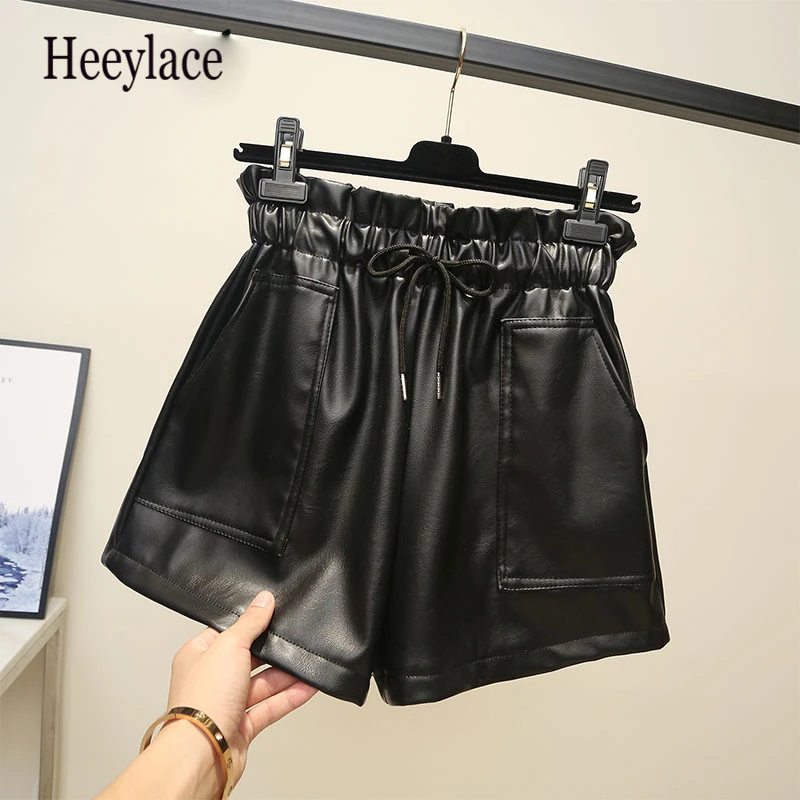 

2019 Spring New Korean Style Female Sexy Leather Shorts High Waist Loose Wide Leg Short Femme Elastic Waist Belt Free Shipping