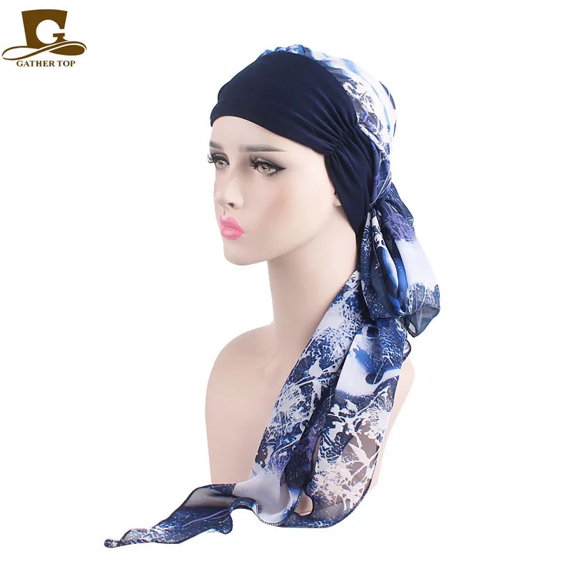 Весна Осень леди шифон шарф шляпа тюрбан стрейч голова с шапочка для химиотерапии цветок длинные девушки мусульманские шапочки аксессуары - Цвет: 3