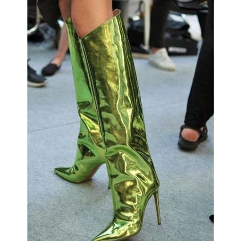 

Mirrored Leather Knee High Boots For Women Sequins Knife Long Booties Stiletto Heels Pumps Pointy Toe Party Wedding Shoes