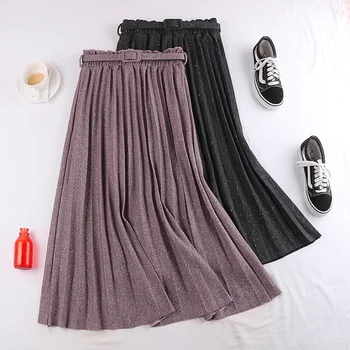 

new style flower bud high waist show thin and bright silk send belt retro style medium long A-line skirt women's skirt