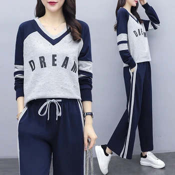 

2020 spring women's large sizes v-neck hole crop tops+ wide-legged pants two-piece sets female plus size Sweatsuits