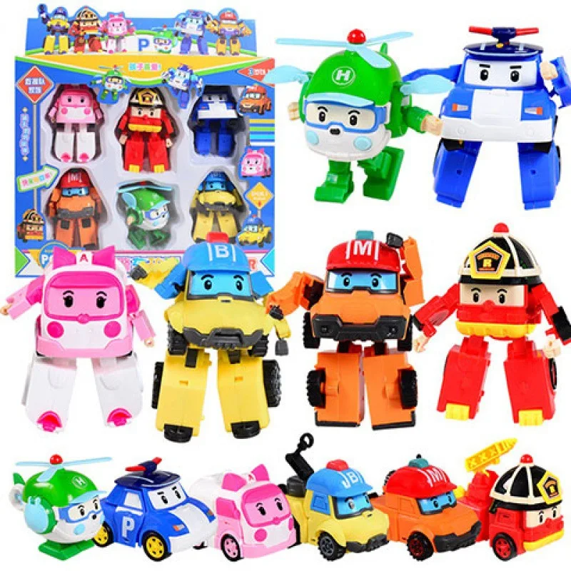 6 unids/set Poli coche chico juguetes transformación Robot de dibujos animados figura de acción de juguete transformar vehículo para el regalo de los niños