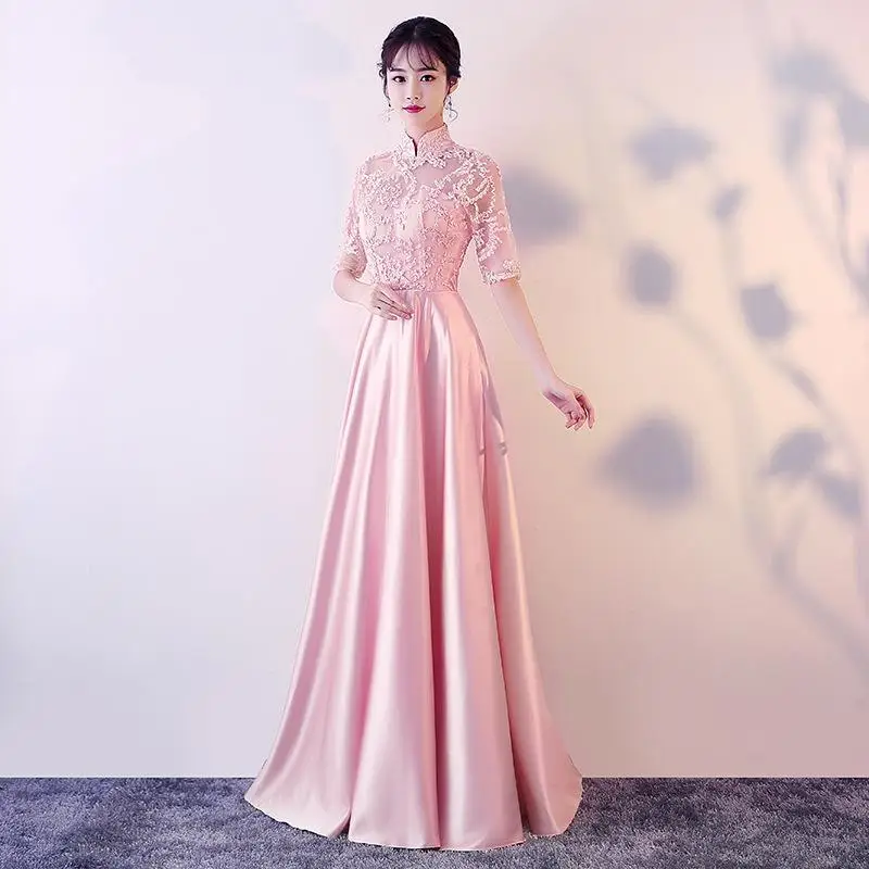Новые женские длинные вечерние платья цвета шампанского новые Cheongsam элегантные Qipao Китайский стиль воротник стойка сетчатая одежда Vestido XS-XXL - Цвет: Розовый