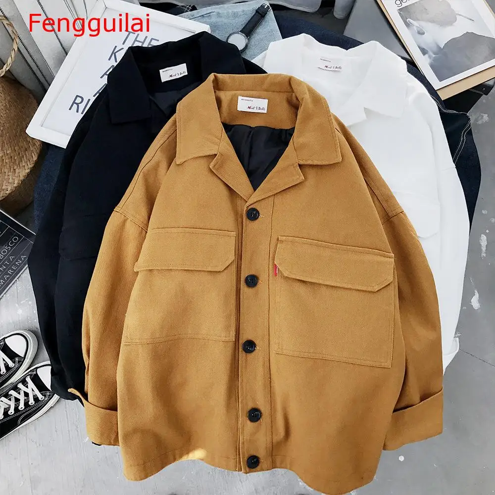 

Fengguilai Autumn Loose Coat Woman Safari Korean Student BF With Pocket Turn-down Collar Black Yellow Cotton Jackets Tops